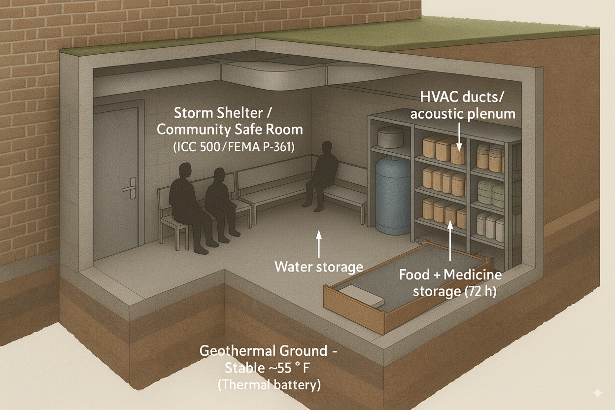 Basement storm shelter and mechanical plenum layout